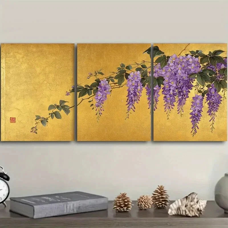 3pcs s Golden foil floral wisteria Metal Print Ready to Hang Art