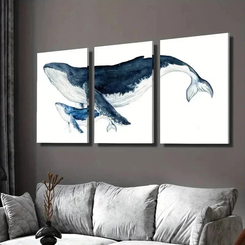 3pcs Nautical Humpback Marine Blue Whale Wall Art Set Canvas Framed 40x60cm - High Quality Print 100% Australian Made Wall Canvas Ready to Hang