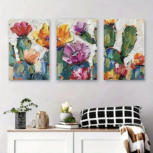 3pcs Vibrant Abstract Floral & Cactus Canvas Metal Print Ready to Hang Art