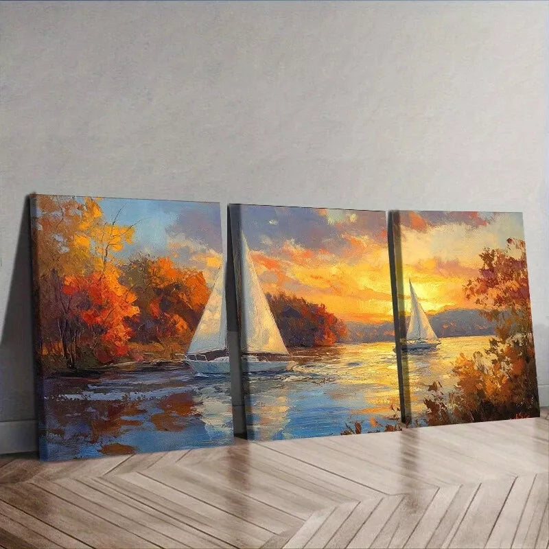 3pcs Serene Sailboat Sunset Scene Water   Wall Art Set Canvas Framed 40x60cm - High Quality Print 100% Australian Made Wall Canvas Ready to Hang