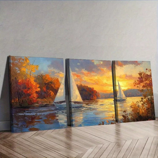 3pcs Serene Sailboat Sunset Scene Water   Wall Art Set Canvas Framed 40x60cm - High Quality Print 100% Australian Made Wall Canvas Ready to Hang