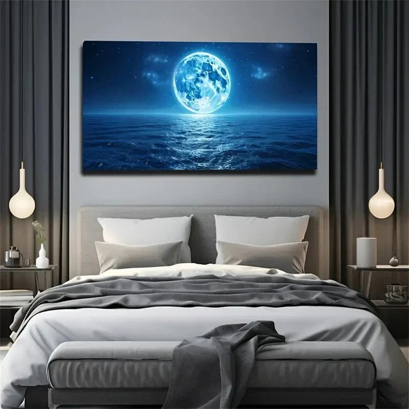 Blue Full Moon On The Sea Wall Art Canvas Office Home Room Framed 80x45cm