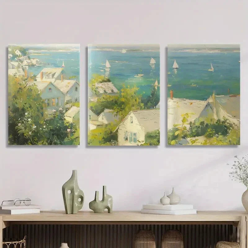 3pcs  Oil painting style cottage by the sea, Metal Print Ready to Hang Art