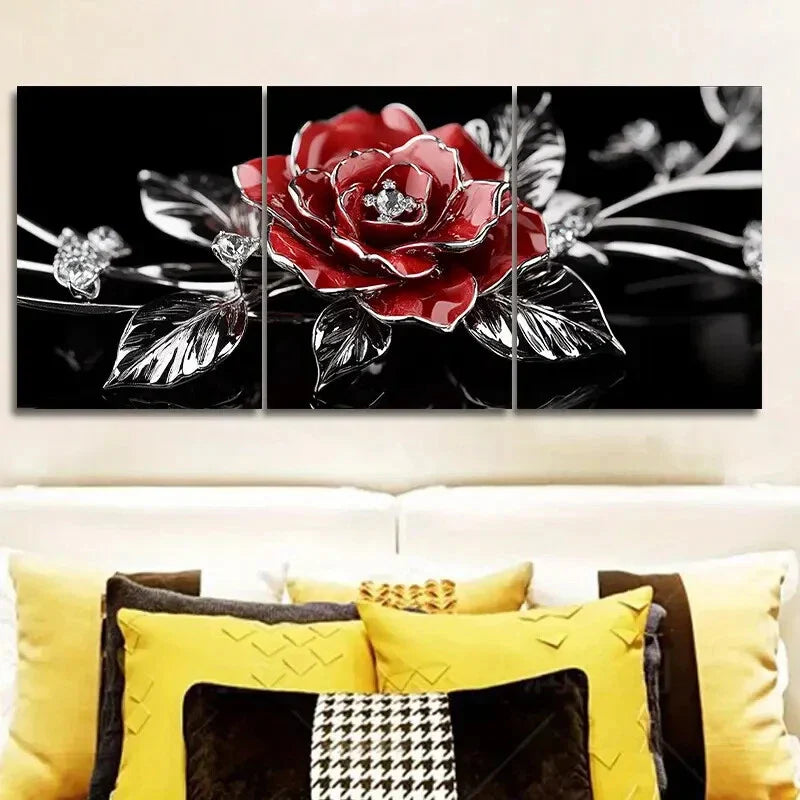 3pcs   Jewel rose Floral Gem  Metal Print Ready to Hang Art