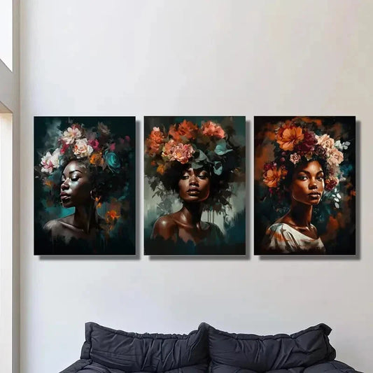 3pcs Painting of Woman with Flower Crown Metal Print Ready to Hang Art