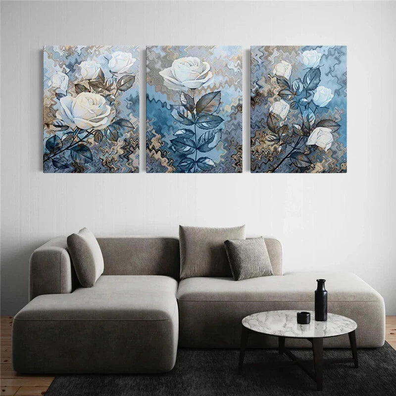 3pcs Blue and White Flowers Rustic Farmhouse Metal Print Ready to Hang Art