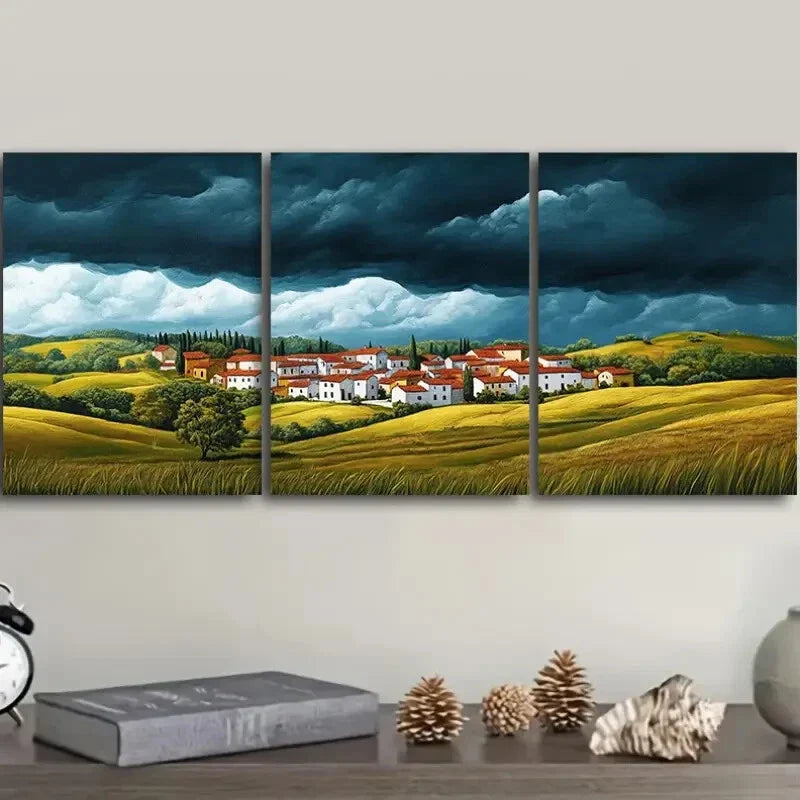 3pcs A little village with red roofs Painting Wall Art Set Canvas Framed 40x60cm - High Quality Print 100% Australian Made Wall Canvas Ready to Hang