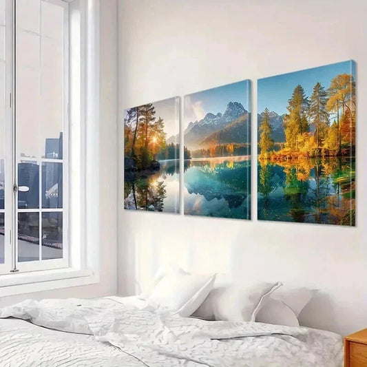 3pcs Sunrise Forest & Snowy Mountain Lakes Wall Art Set Canvas Framed 40x60cm - High Quality Print 100% Australian Made Wall Canvas Ready to Hang