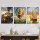 3pcs Steam Train, Hot Air Balloon, Sailboat  Art Metal Print Ready to Hang Art