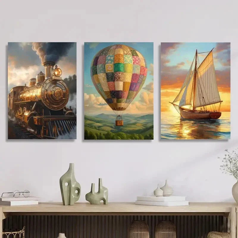 3pcs Steam Train, Hot Air Balloon, Sailboat  Art Metal Print Ready to Hang Art