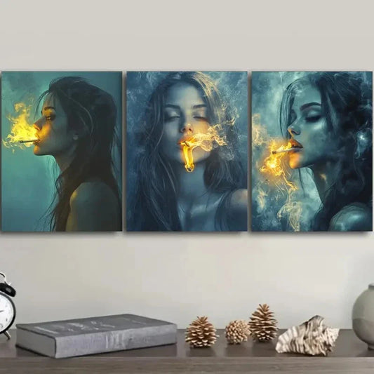 3pcs The woman puffed her smoke Metal Print Ready to Hang Art