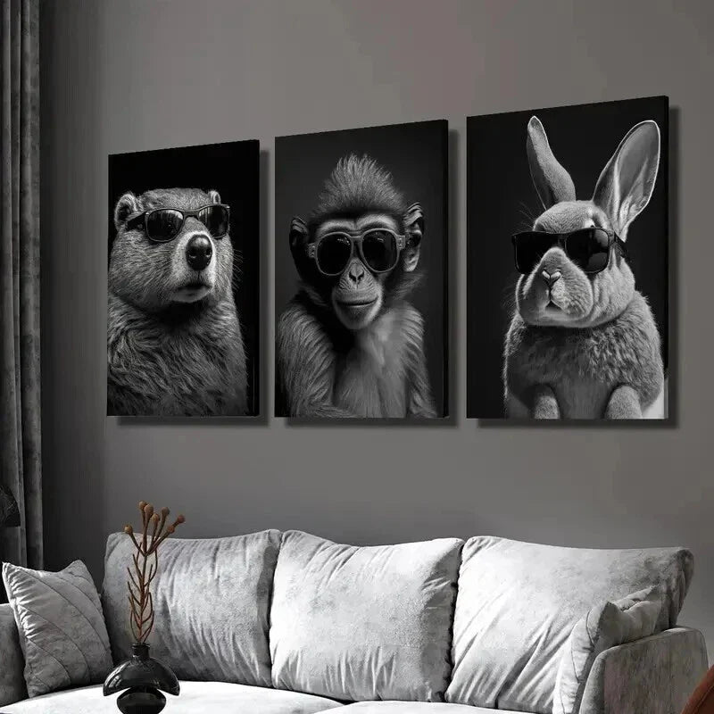 3pcs Beaver Monkey & Rabbit in Glasses Wall Art Set Canvas Framed 40x60cm - High Quality Print 100% Australian Made Wall Canvas Ready to Hang