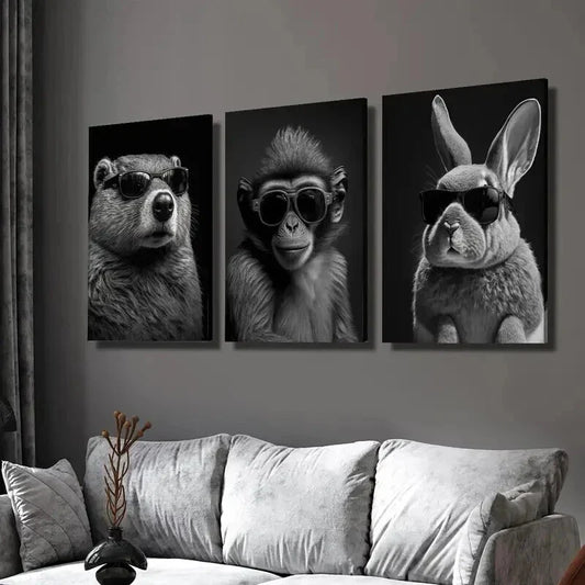 3pcs Beaver Monkey & Rabbit in Glasses Wall Art Set Canvas Framed 40x60cm - High Quality Print 100% Australian Made Wall Canvas Ready to Hang