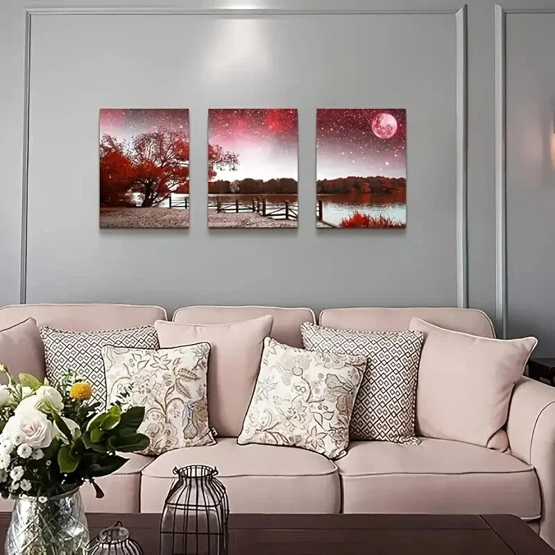 3pcs Red Tree and Moon Landscape Metal Print Ready to Hang Art