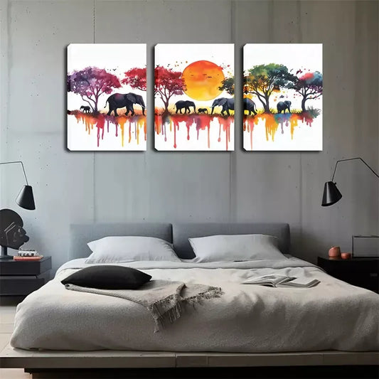 3pcs Grassland Animals, Sunset, Oil Painting, Wall Art Set Canvas Framed 40x60cm - High Quality Print 100% Australian Made Wall Canvas Ready to Hang