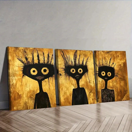 3pcs A Black And Golden Abstract Portrait Wall Art Set Canvas Framed 40x60cm - High Quality Print 100% Australian Made Wall Canvas Ready to Hang