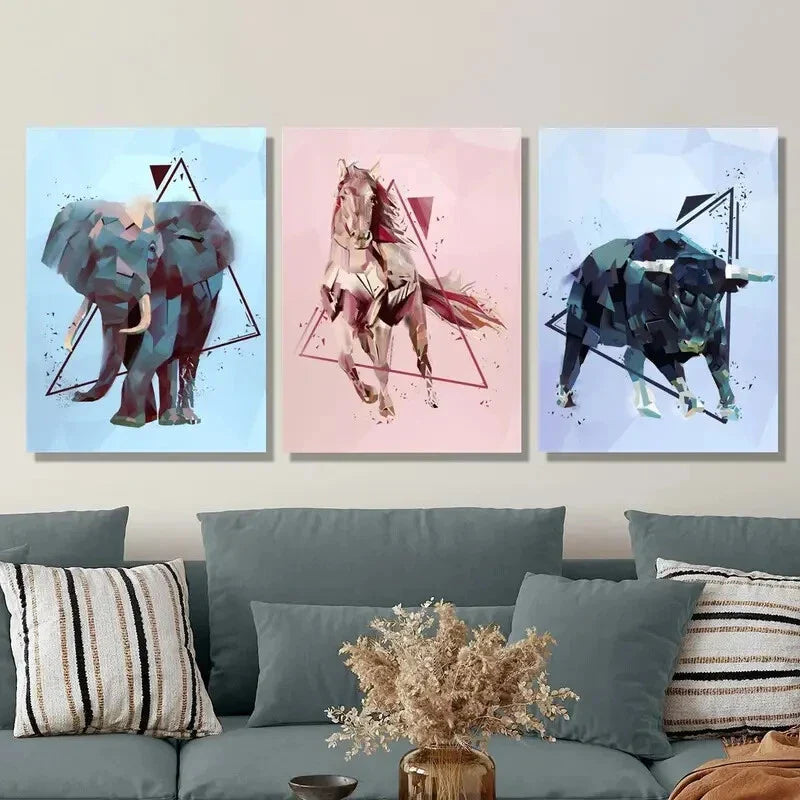 3pcs Elephant, Horse, Bull in Geometric Metal Print Ready to Hang Art