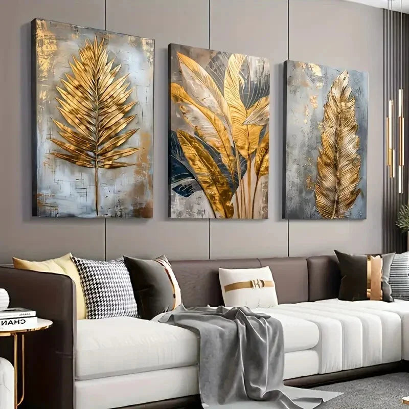 3pcs  Golden Leaf & Feather  Wall Art Set Canvas Framed 40x60cm - High Quality Print 100% Australian Made Wall Canvas Ready to Hang