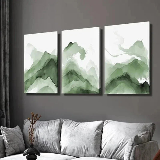 3pcs Abstract Green Mountain Watercolor Wall Art Set Canvas Framed 40x60cm - High Quality Print 100% Australian Made Wall Canvas Ready to Hang