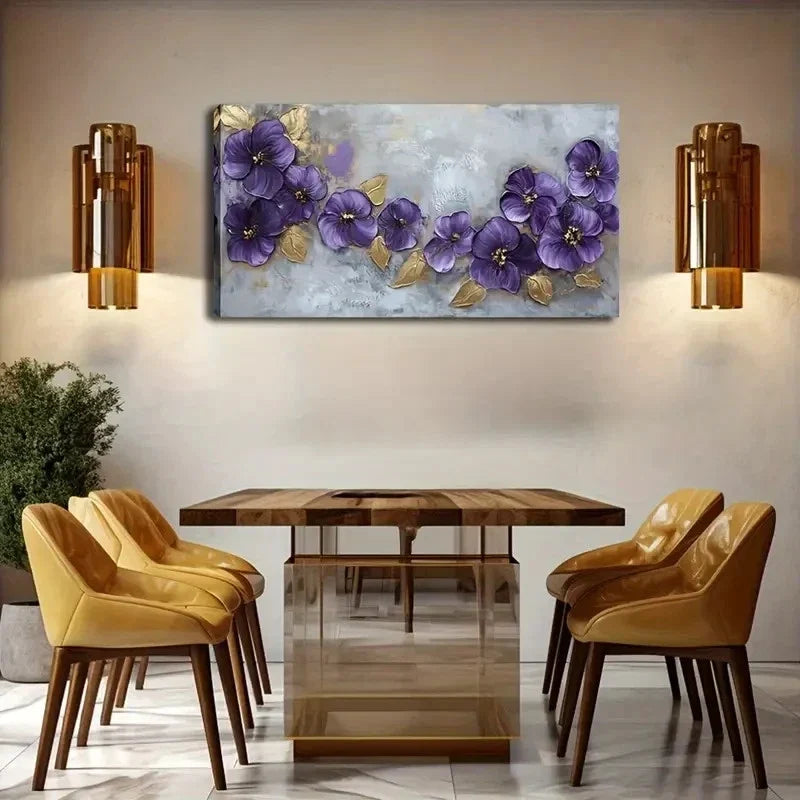 Lush Purple Flowers Golden Wall Art Canvas Office Home Room Framed 120x60cm