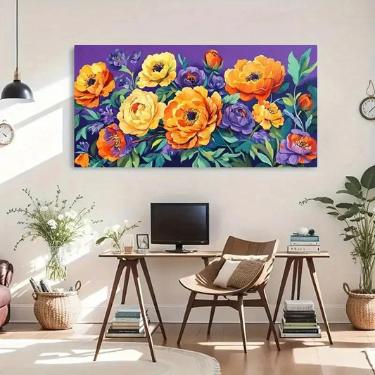 Vibrant Orange & Yellow Peonies Wall Art Canvas Office Home Room Framed 120x60cm
