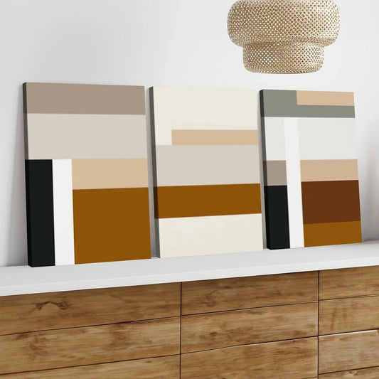 3pcs Modern Geometric Abstract Art Beige Gold Wall Art Set Canvas Framed 40x60cm - High Quality Print 100% Australian Made Wall Canvas Ready to Hang
