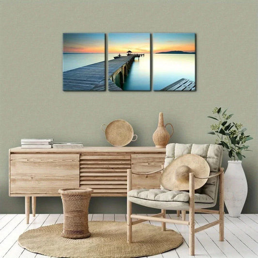 3pcs Bridges Over Sea Sunset Vibrant Orange & Blue Metal Print Ready to Hang Art