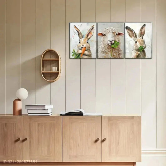 3pcs Cute Bunny And Carrots Whimsical Farmhouse Metal Print Ready to Hang Art