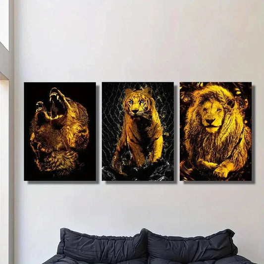 3pcs Featuring Golden Animal Portraits of Bears Metal Print Ready to Hang Art