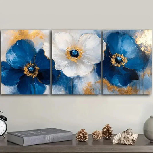 3pcs  Abstract Blue Poppies Painting,  Art  Metal Print Ready to Hang Art