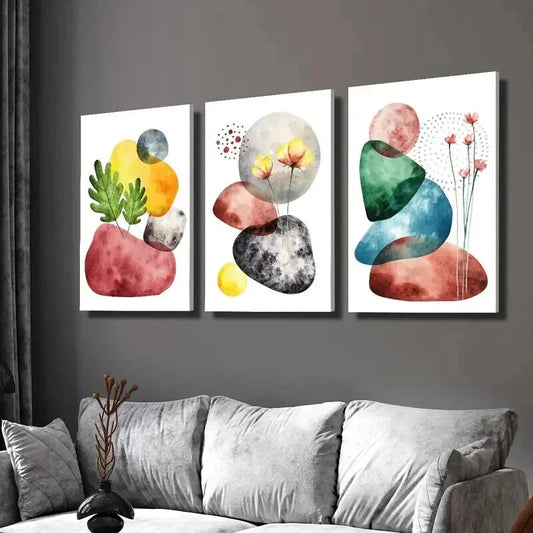 3pcs Colorful Geometric Stones and Flowers Wall Art Set Canvas Framed 40x60cm - High Quality Print 100% Australian Made Wall Canvas Ready to Hang