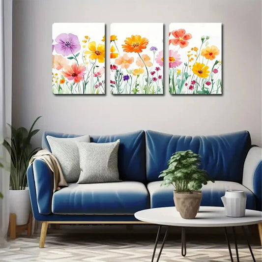 3pcs Upward Growing Colorful Flowers Perfect Wall Art Set Canvas Framed 40x60cm - High Quality Print 100% Australian Made Wall Canvas Ready to Hang