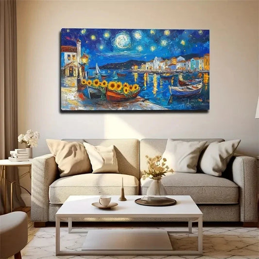 Bohol-Chic Sunflower Boat Wall Art Canvas Office Home Room Framed 120x60cm