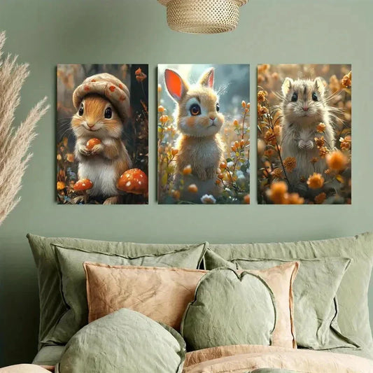 3pcs lovely squirrel wears a mushroom hat Metal Print Ready to Hang Art