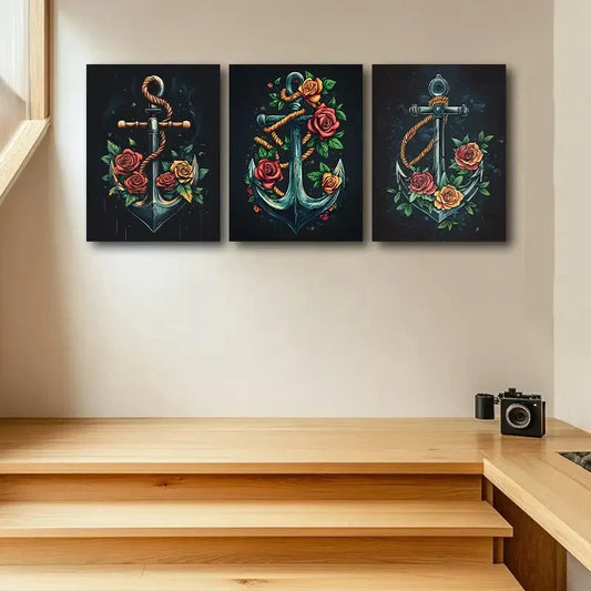3pcs An Anchor with Roses Design Metal Print Ready to Hang Art