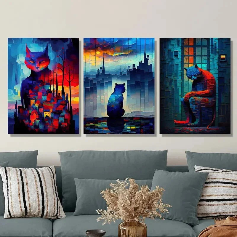 3pcs Lonely cat, cat color art, cat lovers, Metal Print Ready to Hang Art