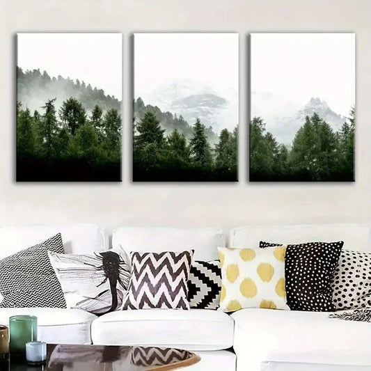 3pcs Mystical Mountain & Pine Tree Scenery, Metal Print Ready to Hang Art