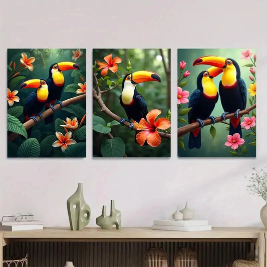 3pcs Colorful Bird and Floral Vibrant Tropical Wall Art Set Canvas Framed 40x60cm - High Quality Print 100% Australian Made Wall Canvas Ready to Hang