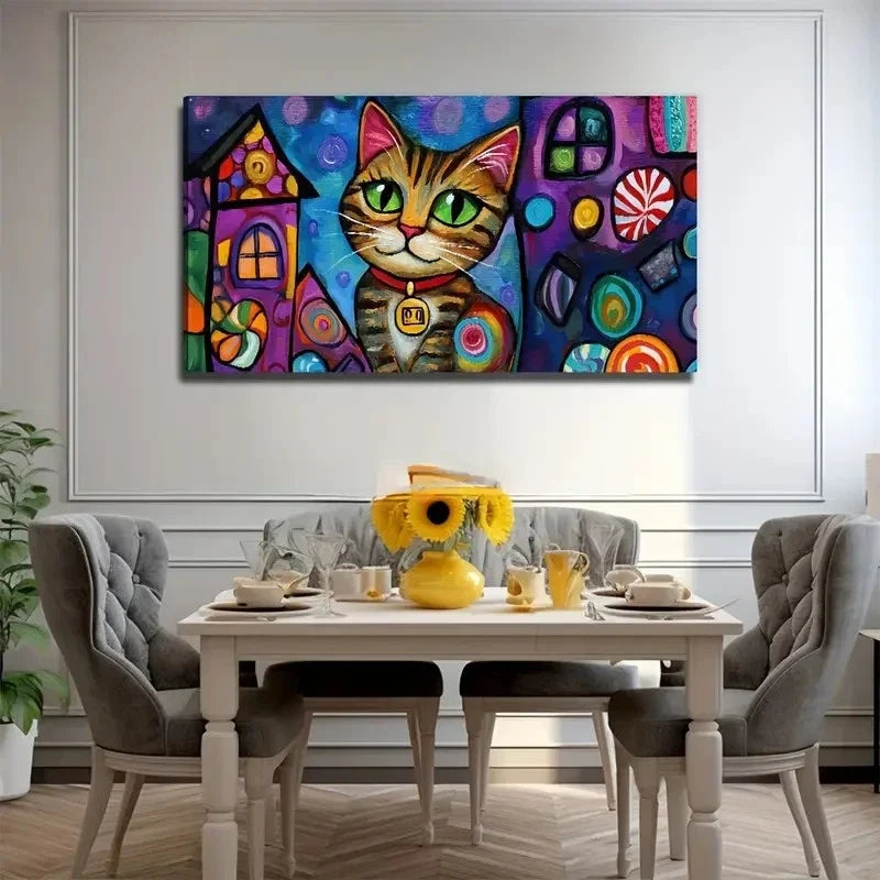 Cartoon Cat Aesthetic Deco Wall Art Canvas Office Home Room Framed 80x45cm