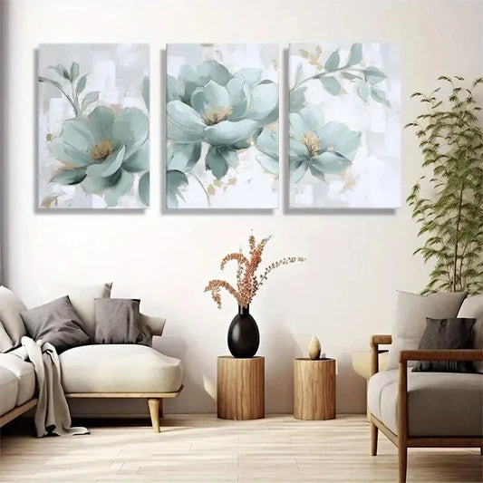 3pcs White Flowers with Golden Accents Metal Print Ready to Hang Art