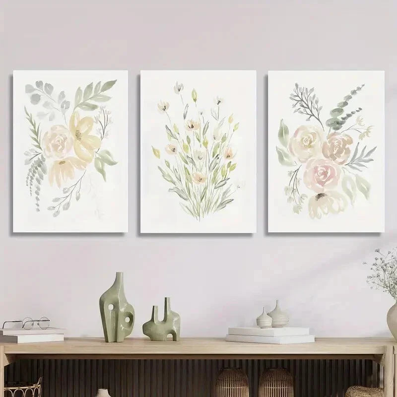 3pcs Watercolor Flower Painting, with Plant Flower  Metal Print Ready to Hang Art