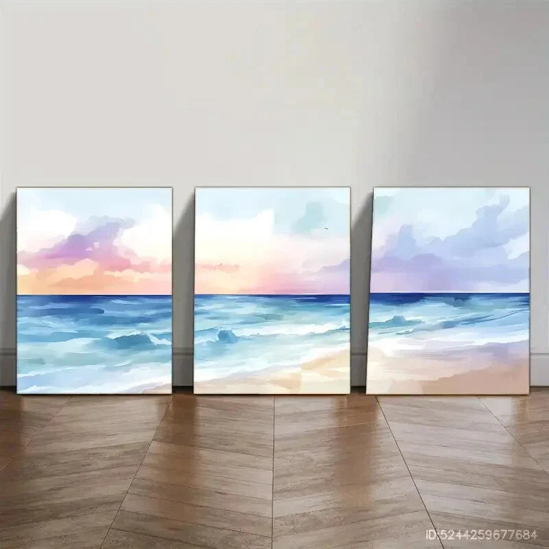 3pcs  Pastel Ocean Sunset Watercolor Style Metal Print  Ready to Hang Art