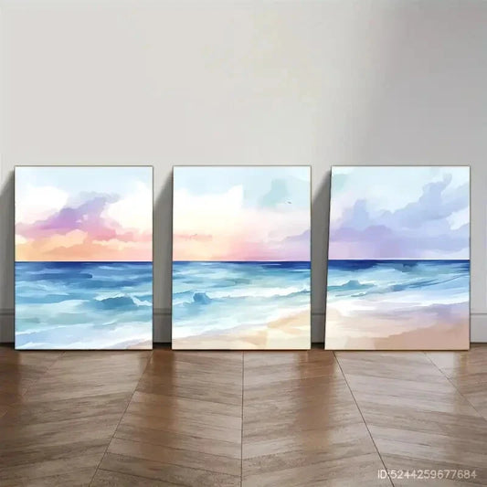 3pcs  Pastel Ocean Sunset Watercolor Style Metal Print  Ready to Hang Art