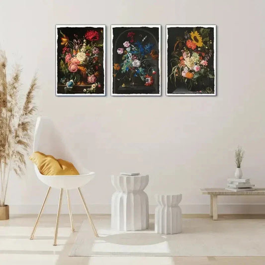 3pcs Dark Floral Jewel Tone Gothic Style Wall Art Metal Print Ready to Hang Art