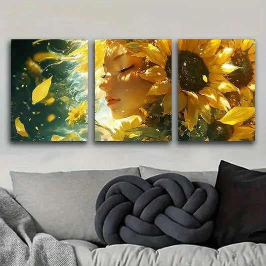3pcs Sunflower Goddess Yellow Floral Perfect Wall Art Set Canvas Framed 40x60cm - High Quality Print 100% Australian Made Wall Canvas Ready to Hang