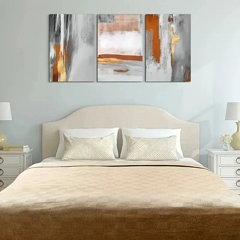 3pcs Modern Grey, Golden & Orange Metal Print Ready to Hang Art