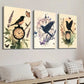3pcs Vintage Bird & Botanical Clock Wall Art Set Canvas Framed 40x60cm - High Quality Print 100% Australian Made Wall Canvas Ready to Hang