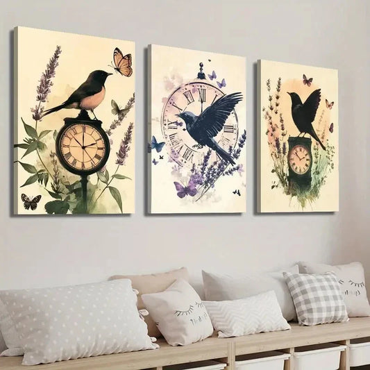 3pcs Vintage Bird & Botanical Clock Wall Art Set Canvas Framed 40x60cm - High Quality Print 100% Australian Made Wall Canvas Ready to Hang