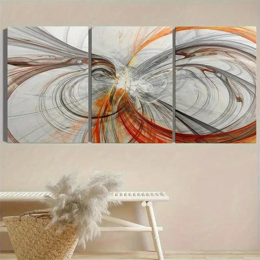3pcs Abstract Orange and Gray Line Art Metal Print Ready to Hang Art
