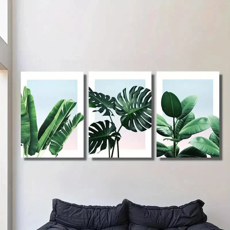 3pcs Green Leaves Plant Art Poster, Tropical Metal Print Ready to Hang Art